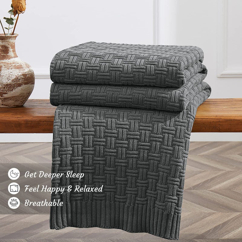 TREELY 100% Cotton Knitted Throw Blanket Couch Cover Blanket(50 x 60 Inches, Dark Grey) - Image 3